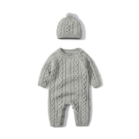 Baby Boys Girls Twist Knitting Wool Long-sleeved Jumpsuit Hat Two Piece Set - PrettyKid