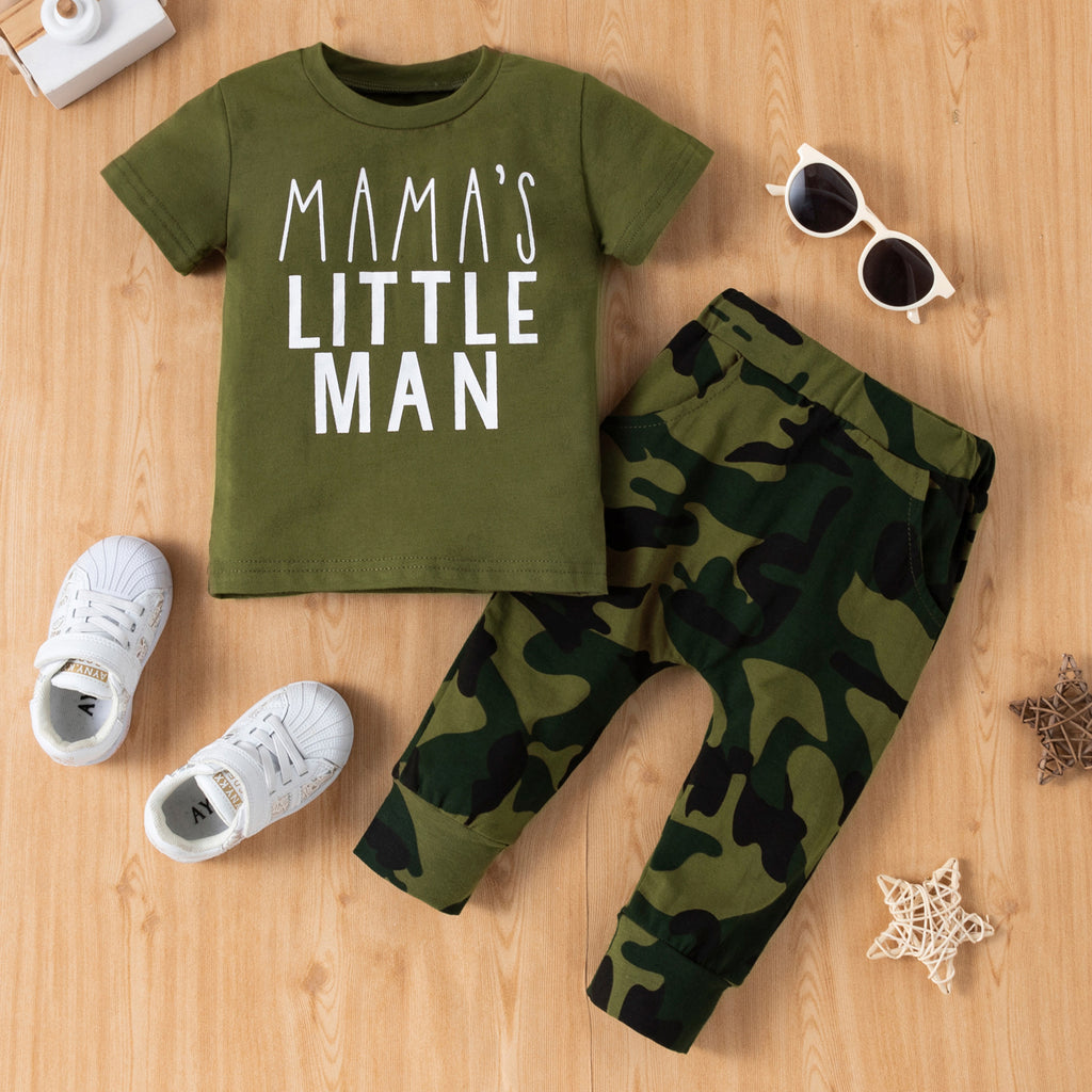 Toddler Boys Solid Letter Print Short Sleeve T-shirt Camouflage Pants Set - PrettyKid