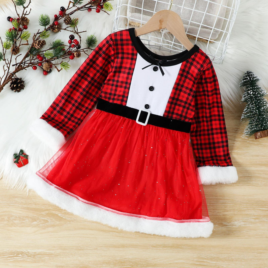 2022 Toddler Girls Plaid Print Christmas Long Sleeve Dress - PrettyKid