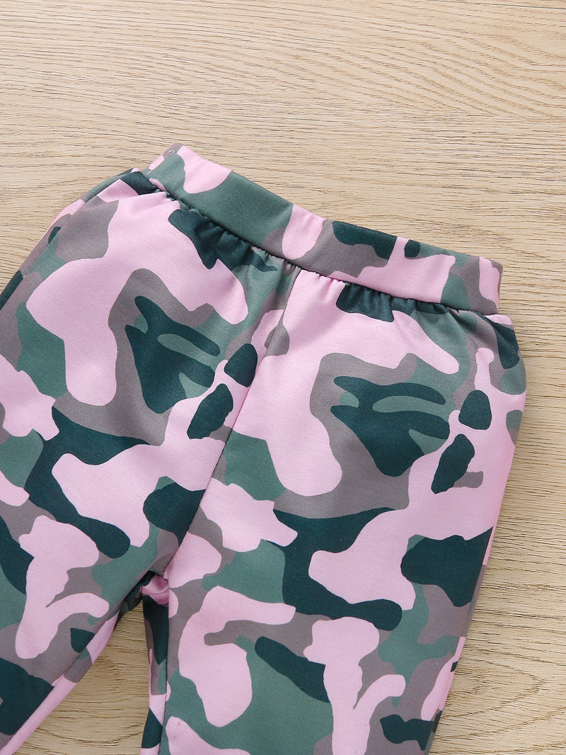 Toddler Girls Long Sleeve Pink Letter Print Camouflage Long Sleeve Hoodie Suit - PrettyKid