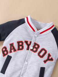 Baby Boys Solid Letter Print Stitched Bomber Jumpsuit - PrettyKid