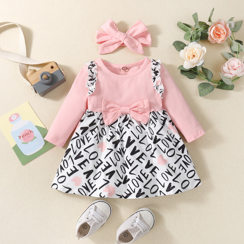 Toddler Girl Pink Long Sleeve Love Letter Bow Dress - PrettyKid