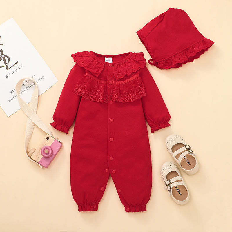 Baby Solid Colour Lace Neckline Patchwork Slouchy Long Sleeve Jumpsuit Hat Set - PrettyKid