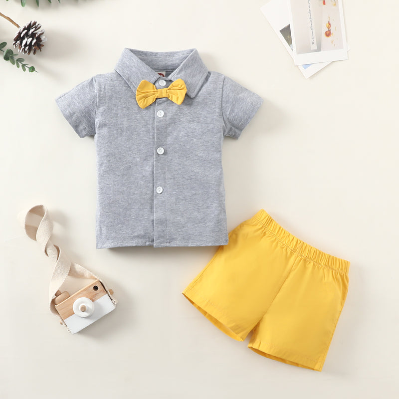 Toddler Kids Boys Solid Colour Lapel Bow Tie Short Sleeve T-shirt and Shorts Gentleman's Suit - PrettyKid