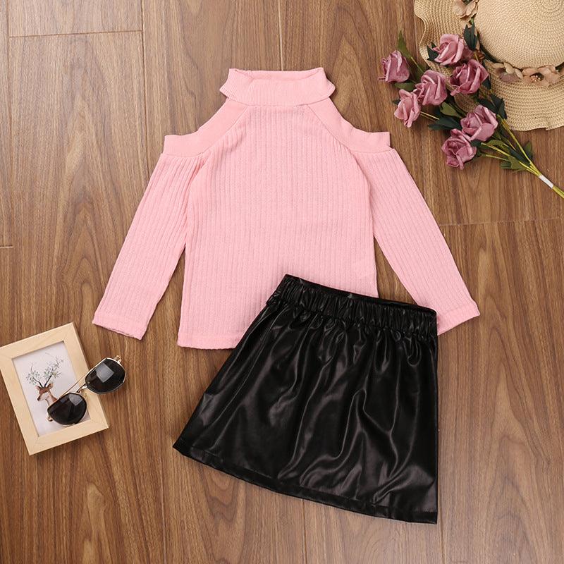 Children Girls Off Shoulder Long Sleeve Sweater Short Leather Skirt Set - PrettyKid