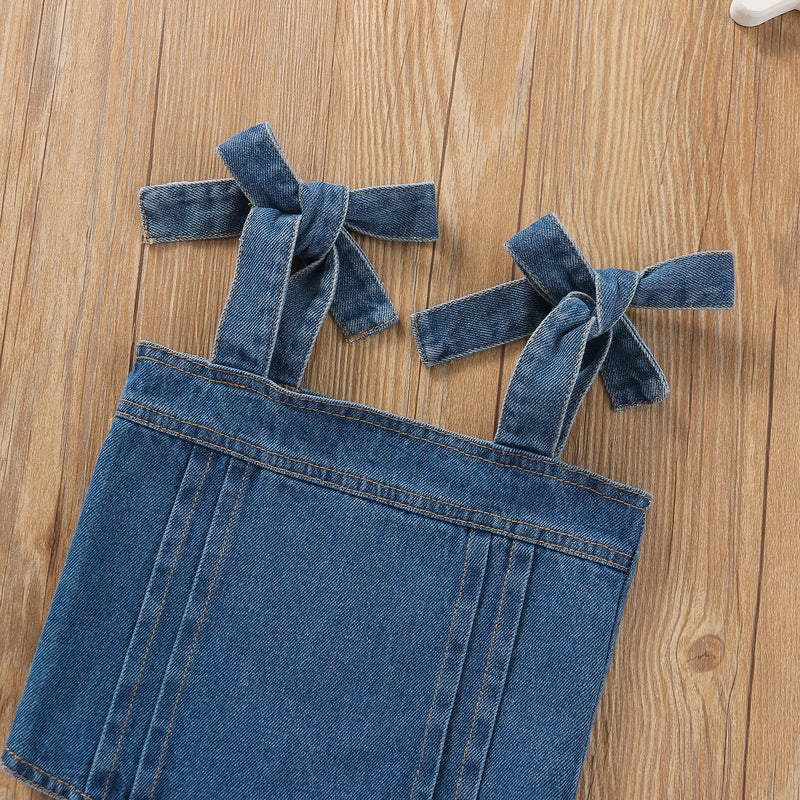 Toddler Kids Girls Bow Suspender Denim Jacket with Holes Denim Pants Set - PrettyKid