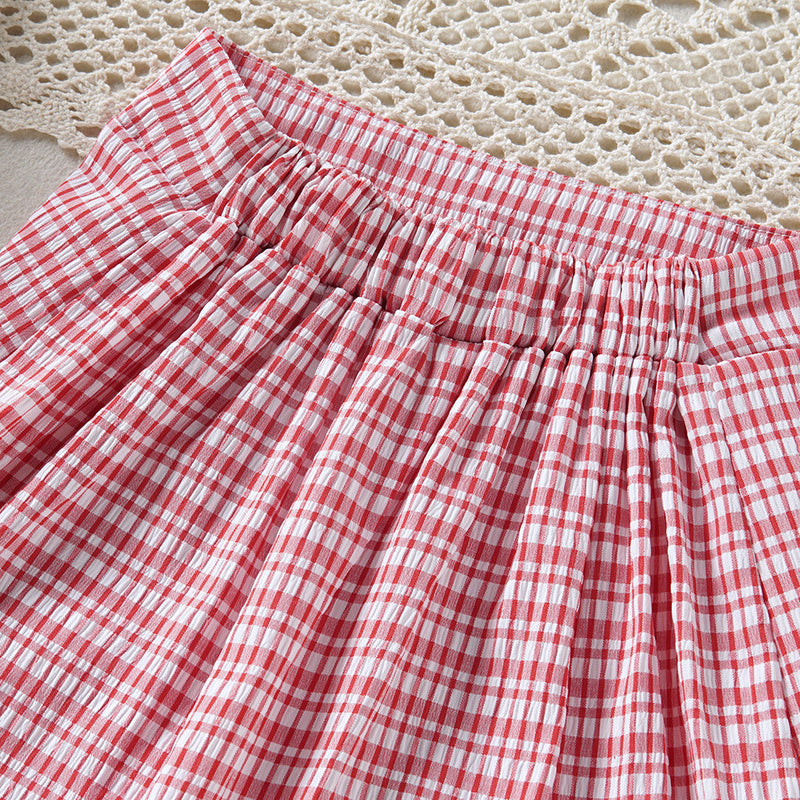 Toddler Kids Girls Summer Solid Color Plaid Printed Bow Suspender Skirt Set - PrettyKid