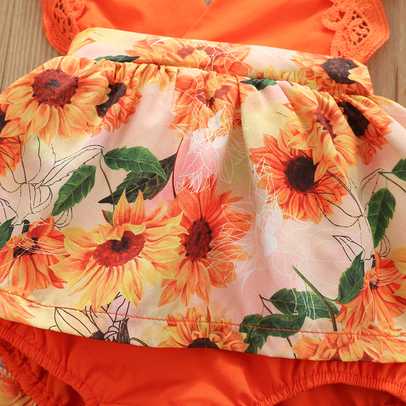 Baby girls lace short sleeve sunflower print dress Jumpsuit - PrettyKid