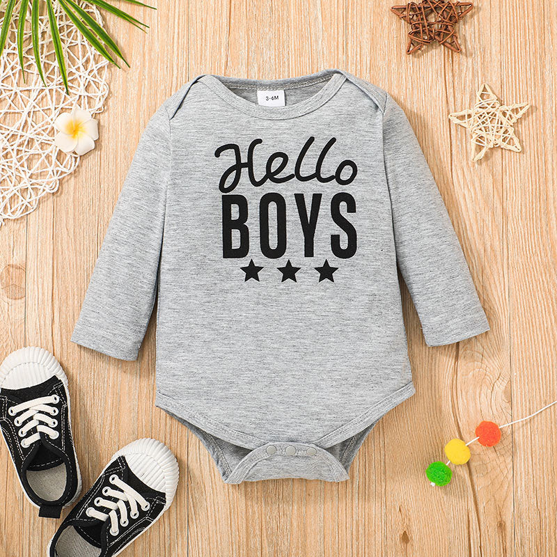 Baby Boys Solid Color Lettered Long Sleeve Jumpsuit Baby Romper - PrettyKid