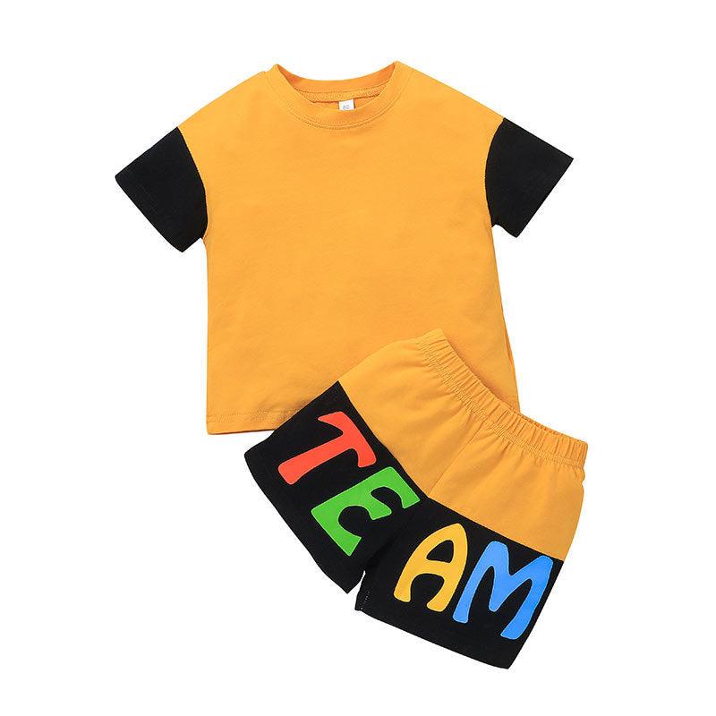 Toddler Kids Boys Summer Solid Short Sleeve Top Letter Print Shorts Set - PrettyKid