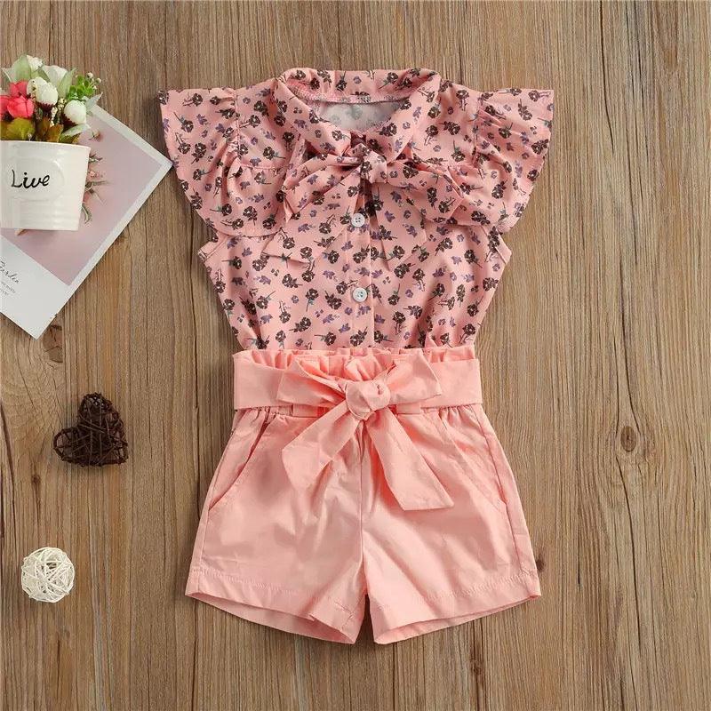 Summer toddler kids girls sleeveless chiffon floral shirt jacket bow shorts set - PrettyKid