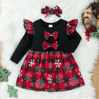 Baby Girls Snowflake Print Red Plaid Bow Dress Christmas Dress - PrettyKid