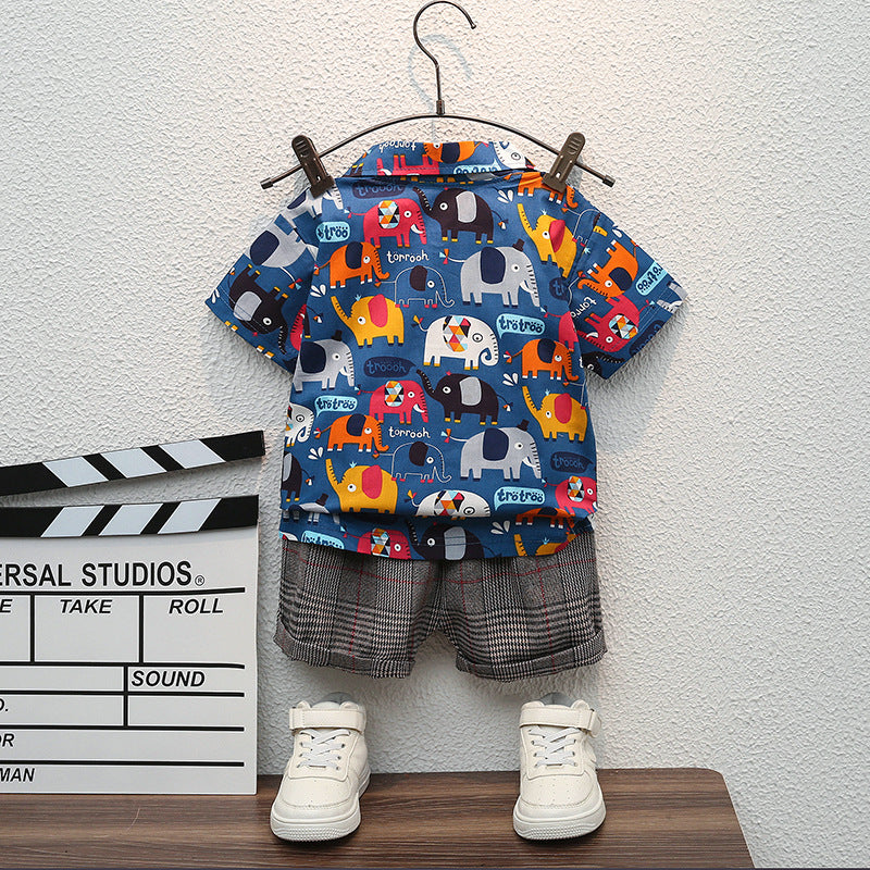 Toddler Boys Cartoon Print Lapel Short Sleeve T-shirt Plaid Shorts Summer Suit - PrettyKid