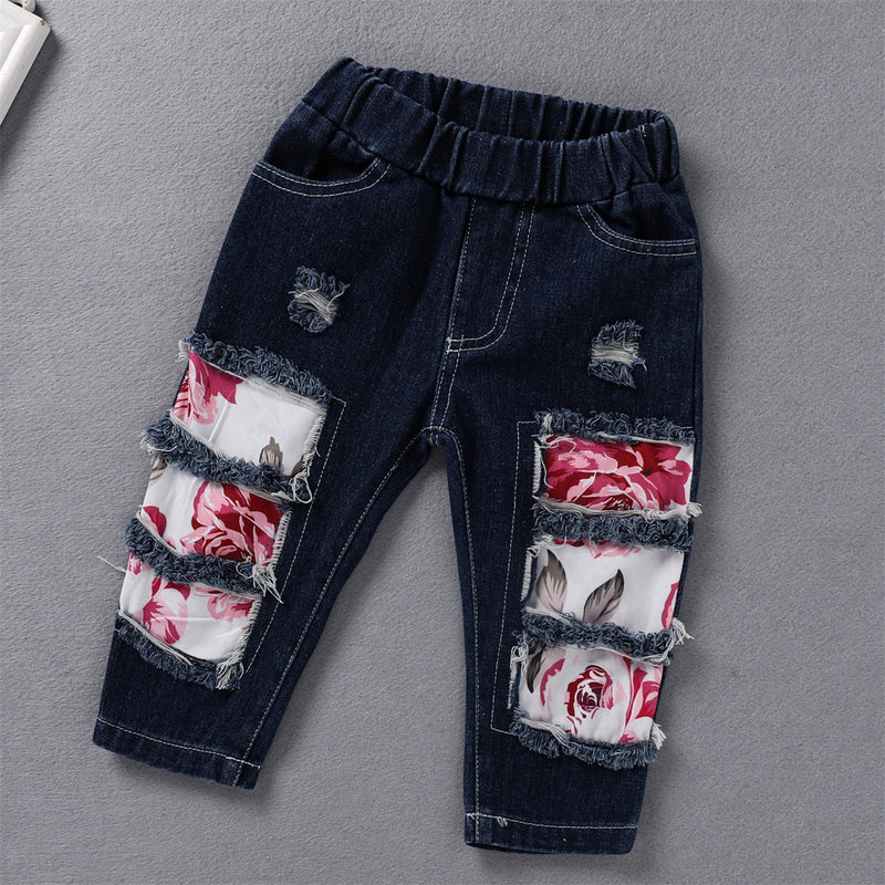 Toddler Kids Girls Solid Color Long Sleeve Tops Denim Patch Pants - PrettyKid