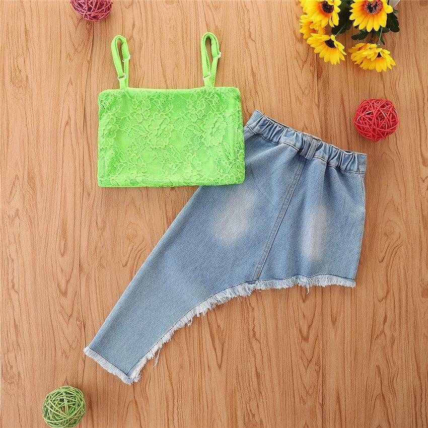 Toddler Kids Girls Lace Sling Stilettos with Irregular Denim Skirt Suits - PrettyKid