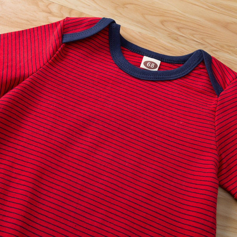 Baby Red Stripe Printed Short Sleeve Jumpsuit - PrettyKid