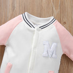 Baby Solid Color Contrast Letter Embroidered Long Sleeve Baseball Jersey Jumpsuit - PrettyKid