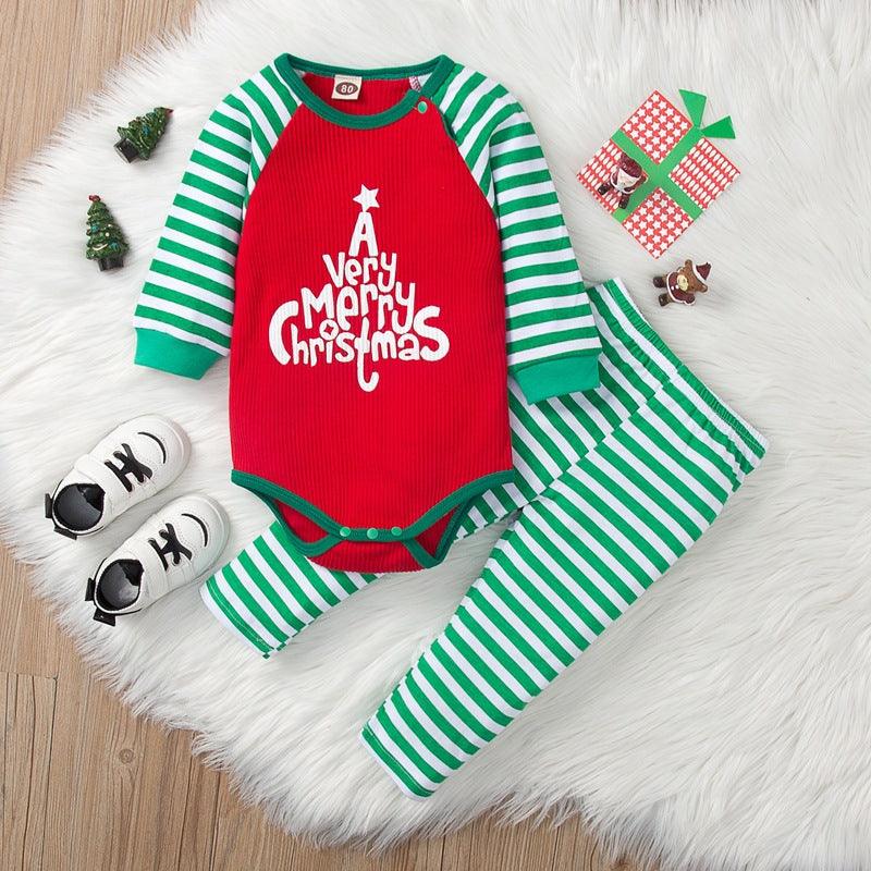 Baby Letter Green Stripe Jumpsuit Pants Christmas Suit - PrettyKid