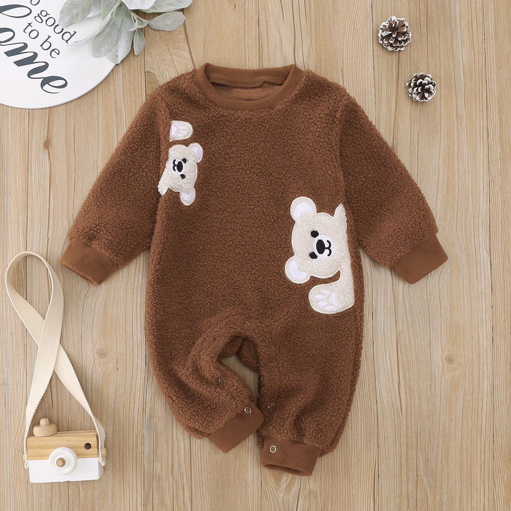 Baby Boys Girls Little Bear Embroidered Plush Long Sleeved Jumpsuit - PrettyKid