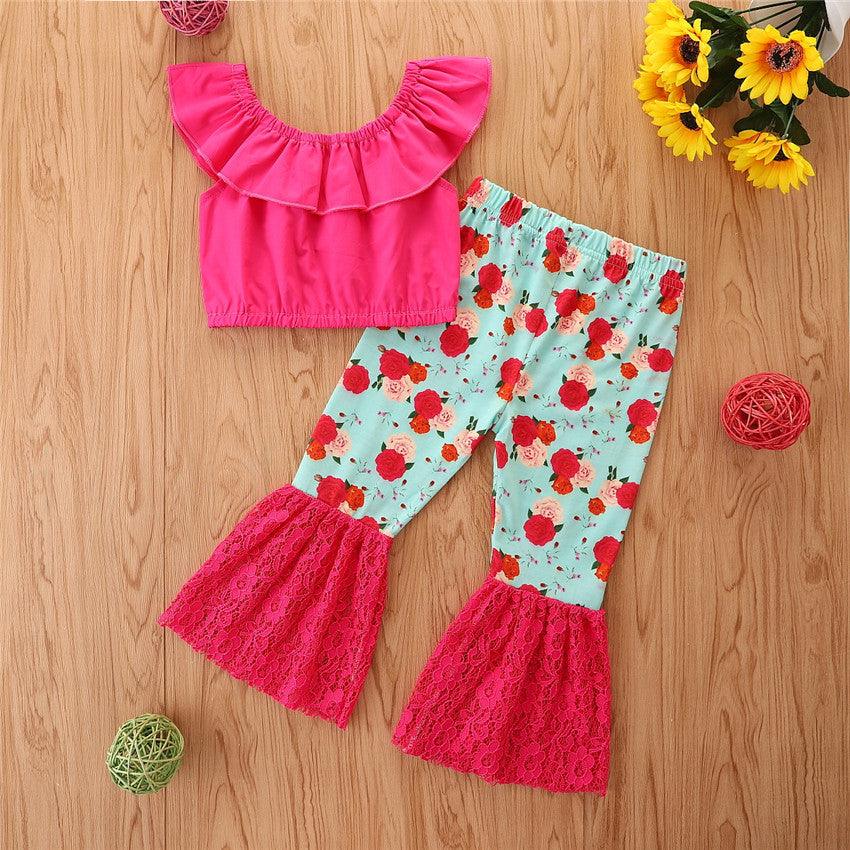 Toddler Kids Girls Short Sleeve Top Printed Lace Stitched Flared Pants Set Kids Boutique Wholesale - PrettyKid