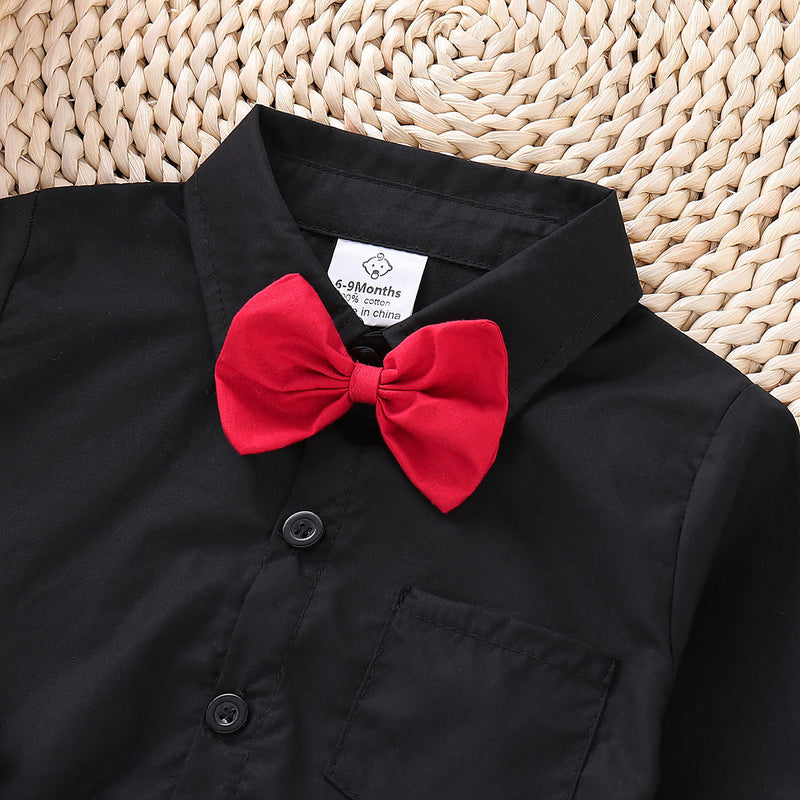 Baby Boys Solid Color Long Sleeve Bow Tie Gentleman Shirt Jumpsuit Romper - PrettyKid