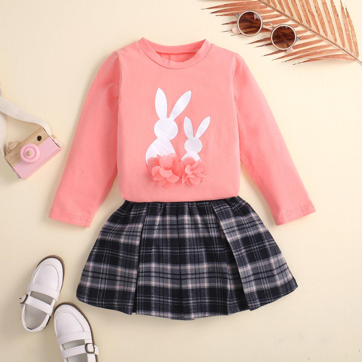 Pink Long Sleeve Cartoon Printed Flower Top Plaid Pleated Skirt Set - PrettyKid