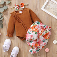 Baby Girls Brown Ruffled Long Sleeved Jumpsuit Flower Printed Pants Hair Band Set - PrettyKid