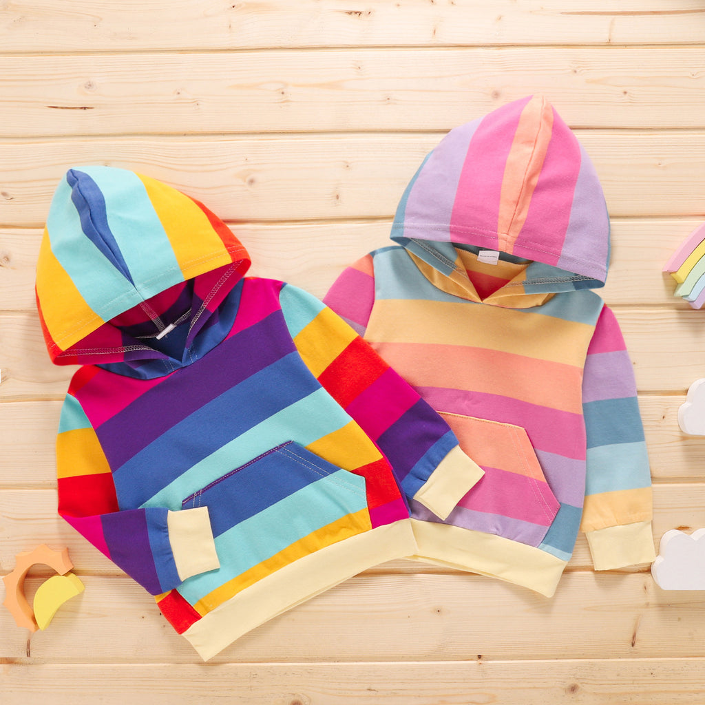 Toddler Kids Children's Rainbow Printed Long Sleeve Hooded Top - PrettyKid