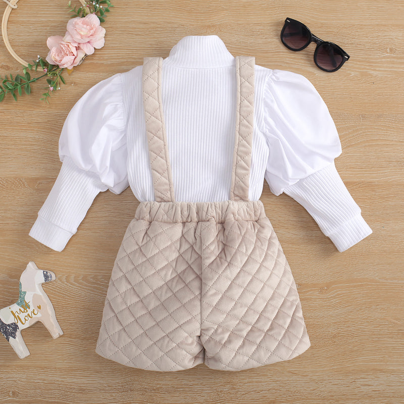 Toddler Kids Girls' Solid Color Long Sleeve Knitted Top Waffle Strap Shorts Set - PrettyKid