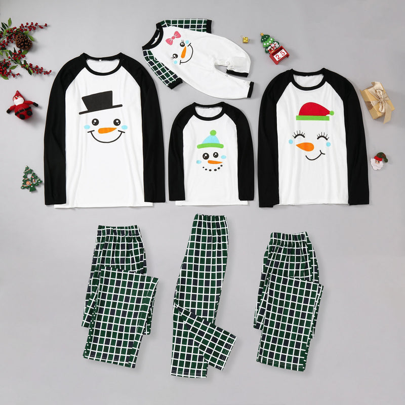 Mommy and Me Christmas Snowman Print Green Plaid Pajama Set - PrettyKid