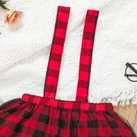 Christmas Dress Long Sleeve Strap Red Plaid Elk Skirt Set - PrettyKid