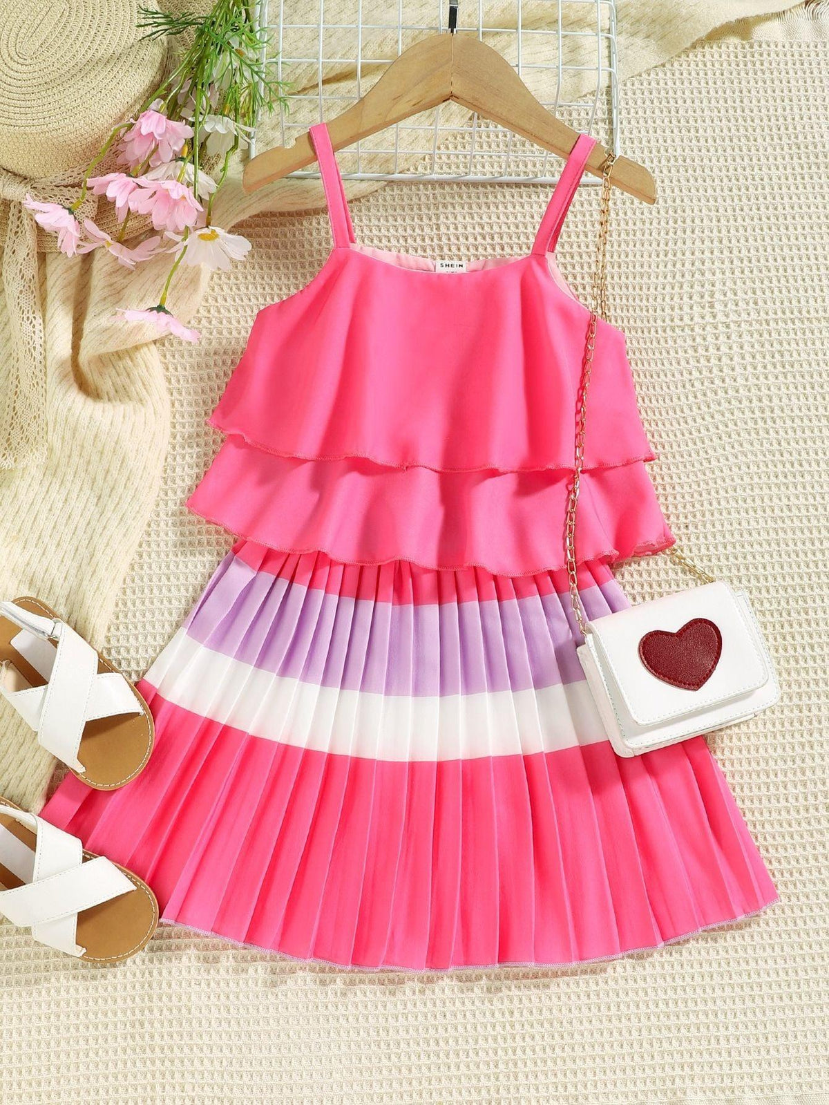 Spring and Summer Rose Belt Top Pleated Cake Skirt Girls Suit