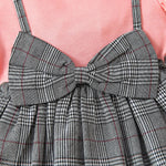 Children's Fake Two Pieces Bow Children's Straps Dress Summer New Girls Plaid Short-sleeved Dress - PrettyKid
