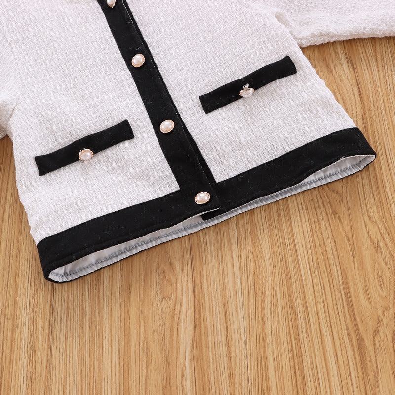 Toddler Kids Girls Black White Contrast Color Long Sleeve Button Top Shorts Set - PrettyKid