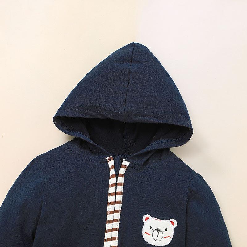 Baby Boys Girls Solid Color Cartoon Bear Embroidered Zipper Long Sleeve Jumpsuit - PrettyKid