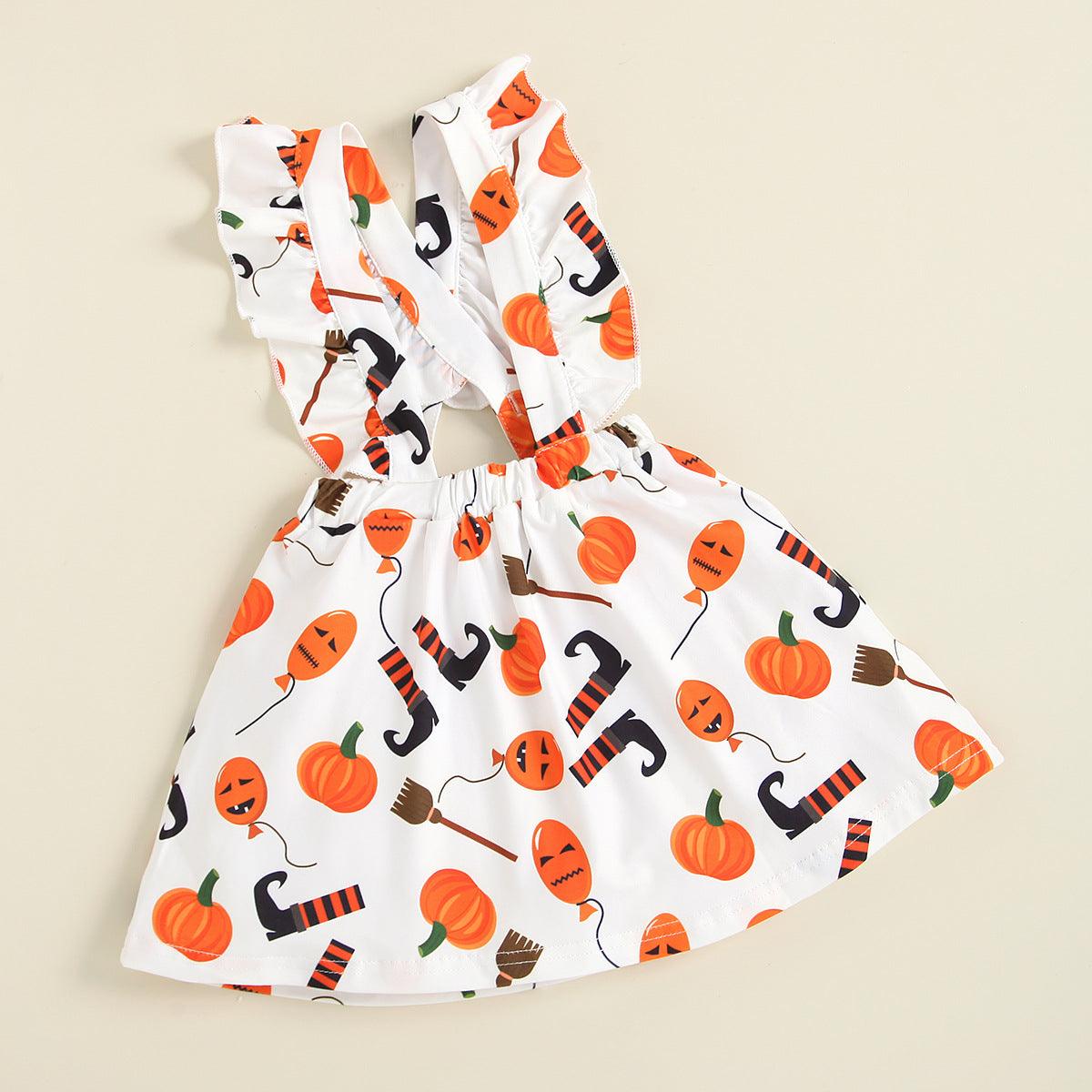 Baby Girls Halloween Long Sleeve Printed Strap Skirt Three Piece Set - PrettyKid