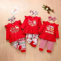 Girls Cute Cartoon Christmas Printed Long Sleeved Top Long Pants Hair Accessories Set - PrettyKid