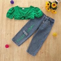 Toddler Kids Girls Green Short Navel Exposed Short Sleeve Top Jeans Set - PrettyKid