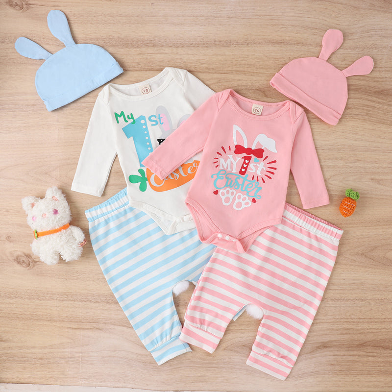 Rabbit Print Long-sleeved Romper Striped Trousers with Hat Three-piece Set for Boys and Girls