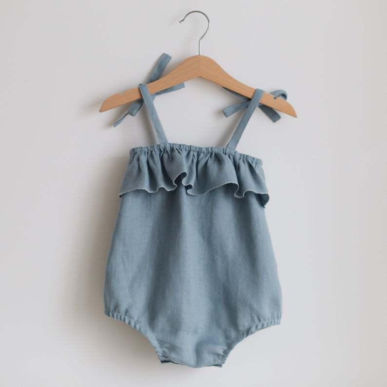 Baby Girls Linen Cotton Solid Color Ruffled Suspender Jumpsuit - PrettyKid