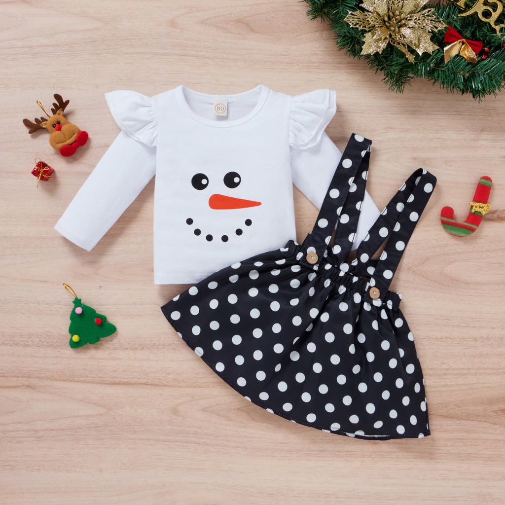 Toddler Girls Christmas Snowman Long Sleeve Top Black Strap Polka Dot Skirt Set - PrettyKid
