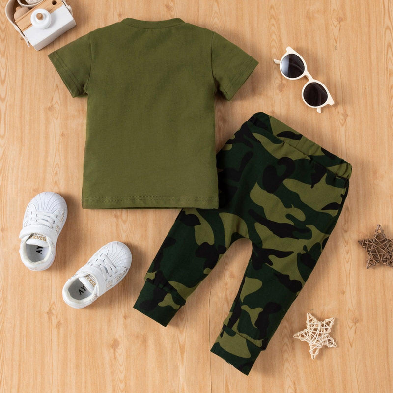 Toddler Boys Solid Letter Print Short Sleeve T-shirt Camouflage Pants Set - PrettyKid