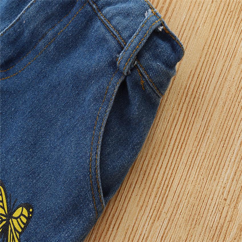 Toddler Kids Girls' Butterfly Embroidered Denim Flared Pants - PrettyKid