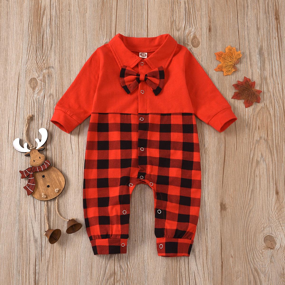 Toddler kids gentleman's bow tie Plaid long sleeve Jumpsuit baby creeper - PrettyKid