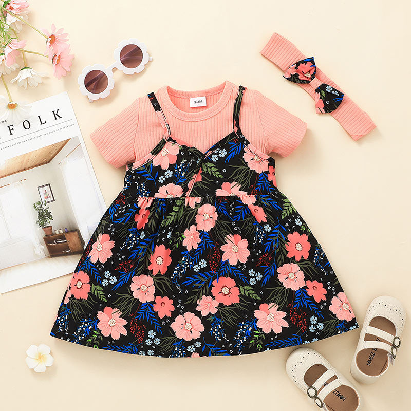 Baby Girls Solid Short Sleeved Jumpsuit Flower Print Suspender Dress Set - PrettyKid