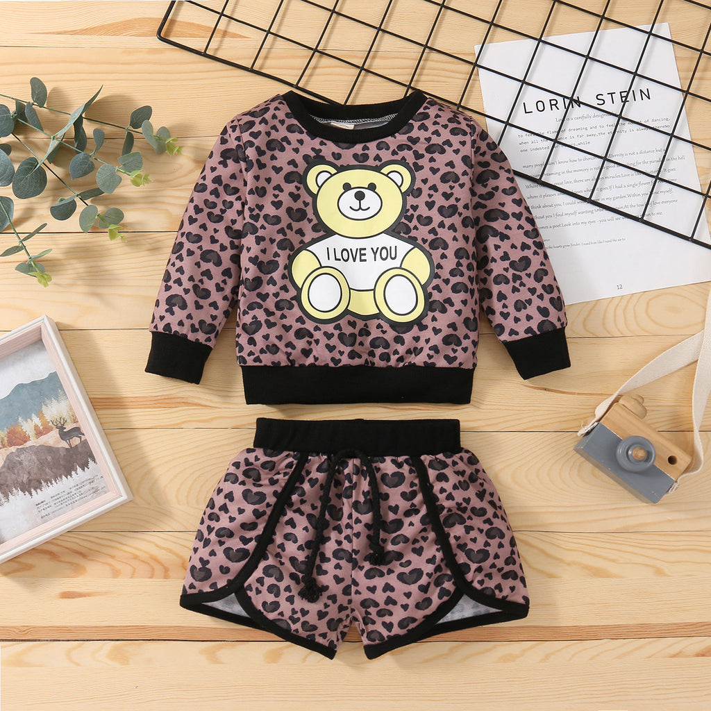 Toddler Kids Girls Cartoon Bear Print Round Neck Long Sleeve Top Shorts Leopard Print Set - PrettyKid