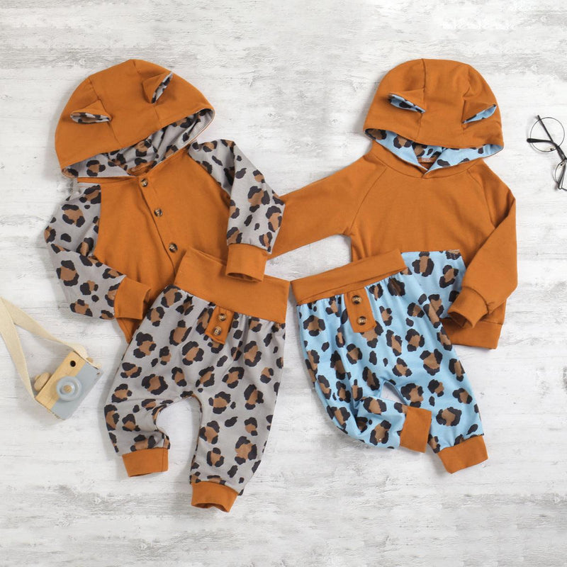 Toddler Boys Girls Cute Little Ear Hoodie Leopard Pants Set - PrettyKid