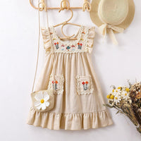 Retro Lace Girl's Dress Embroidered Lace Pocket Beach Holiday Dress