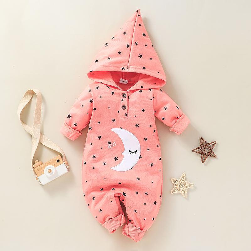 Baby Boys Girls Solid Lovely Moon Star Print Hoodie Jumpsuit - PrettyKid