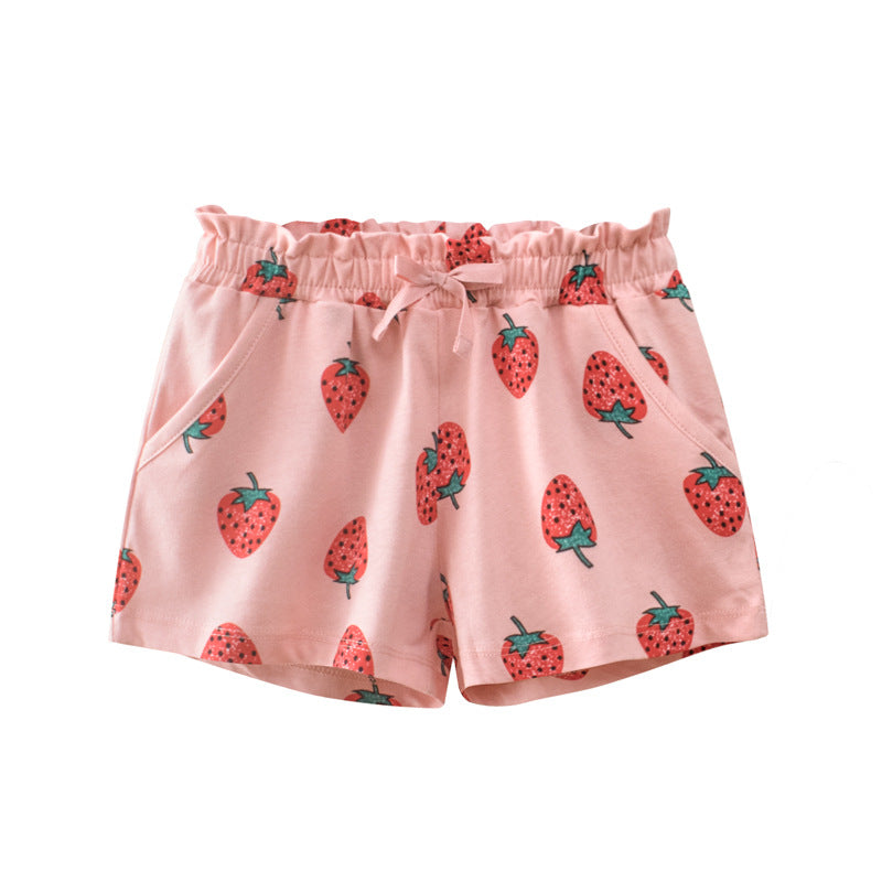 Toddler Kids Girls Solid Color Cartoon Fruit Print Sports Shorts - PrettyKid